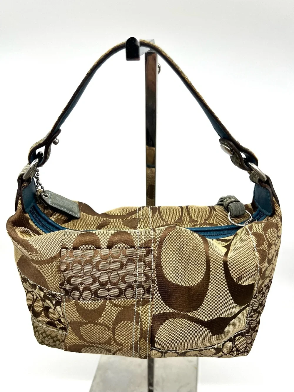 Coach Signature Vintage Y2K Patchwork Hobo Handbag Brown Tan Blue Trim Small
